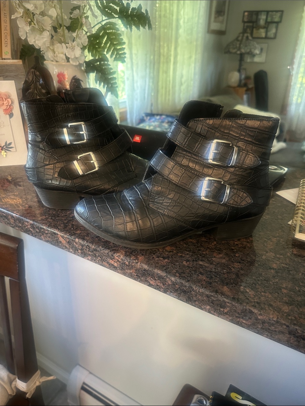 Black Croc-Embossed Buckle Ankle Boots
